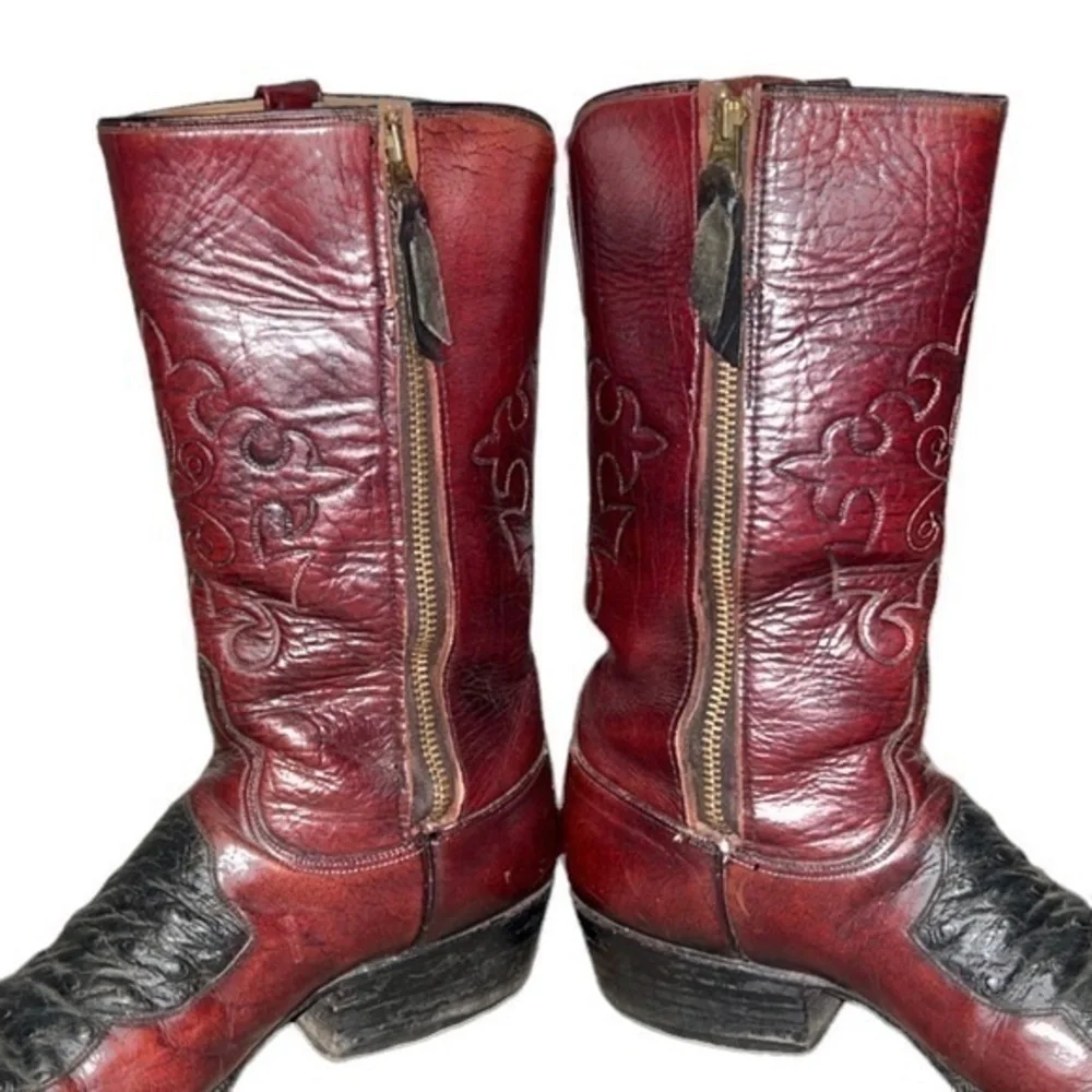 Lucchese 2318 Ostrich Exotic Black Cherry Red Leather Inlay Western Cowboy Boots